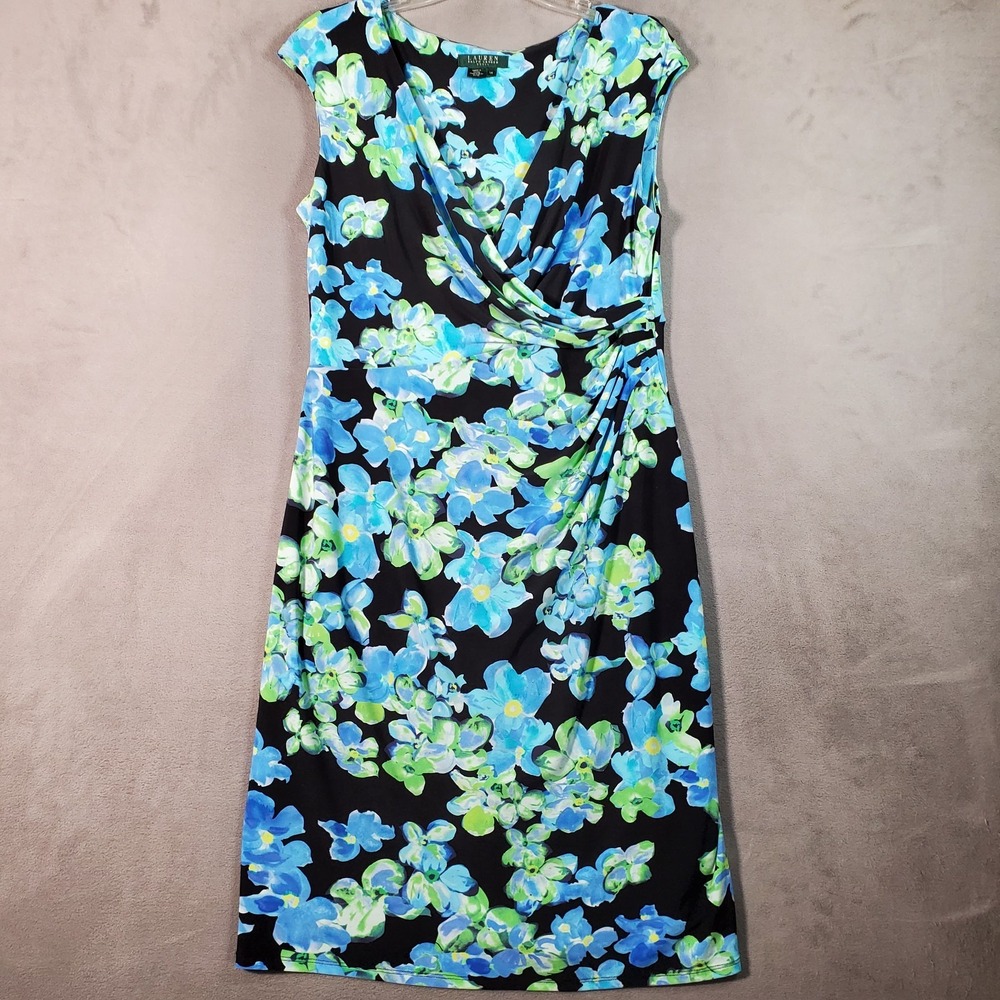 Lauren Ralph Lauren Wrap Dress Womens 14 Blue Black Floral Career Office‎ Church